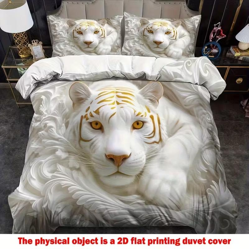 

White Tiger Duvet Cover Set King Queen Style Bedding Set Bedroom Birthday Gift Teens Children Bedroom Decor 135x200cm 3PCS бежевый