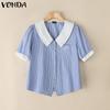 VONDA Women Lapel Short Sleeve Patchwork Striped Print Buttons Casual Blouse