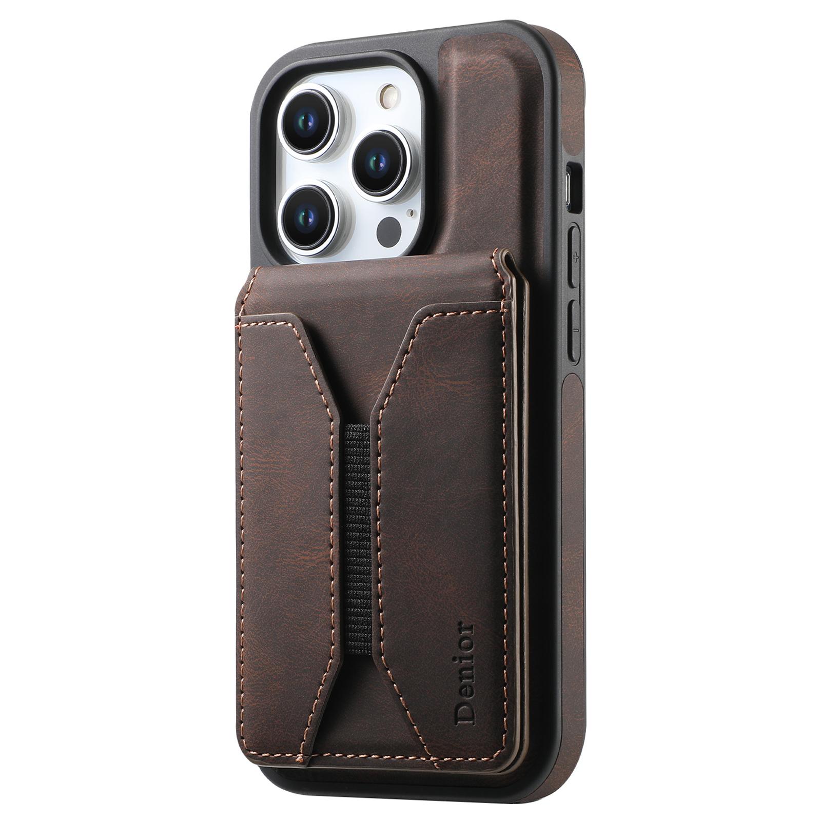 

DENIOR D18 For iPhone 15 Pro Max Case Rotary Kickstand Card Bag Leather Back Phone Cover B