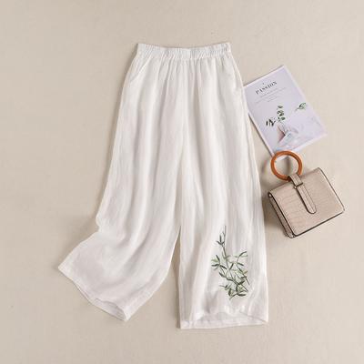 Thin Style Summer Women Loose Cotton and Linen Elastic Waist Solid Color Wide Leg Pants Casual Embroidery Trousers