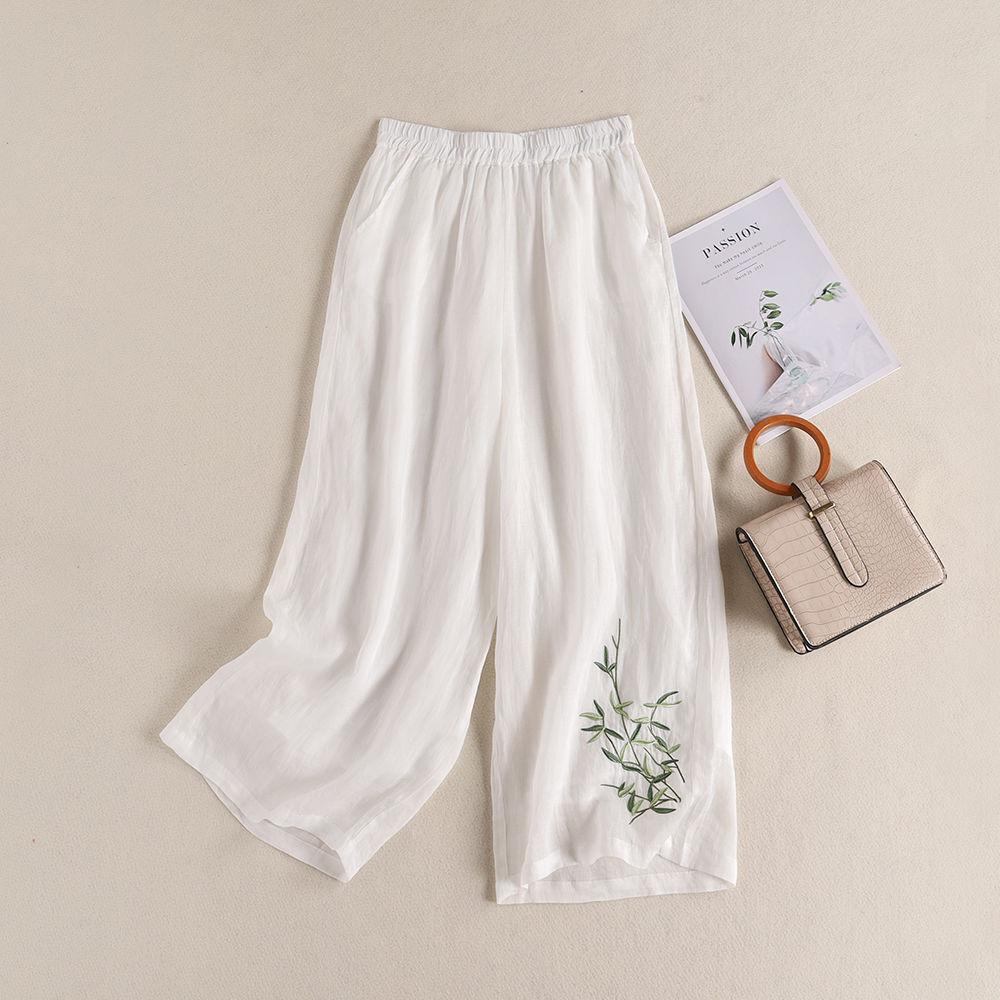 Thin Style Summer Women Loose Cotton and Linen Elastic Waist Solid Color Wide Leg Pants Casual Embroidery Trousers