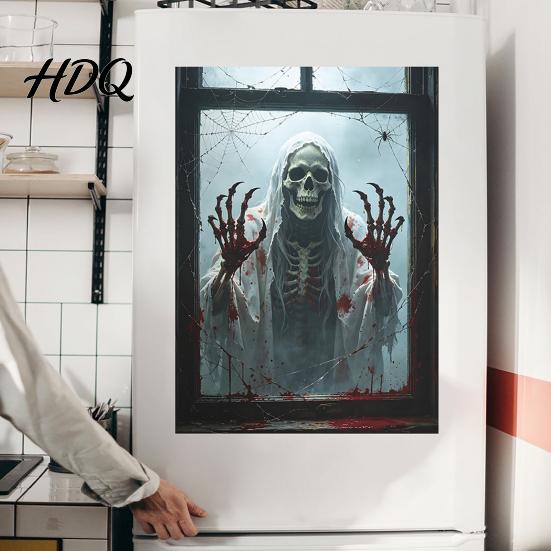 Creepy Window Posters Skeleton Frame Wall Sticker for Halloween Horror Decoration, Reusable Art Decor 3D Scary Stickers with Spider Web Design,