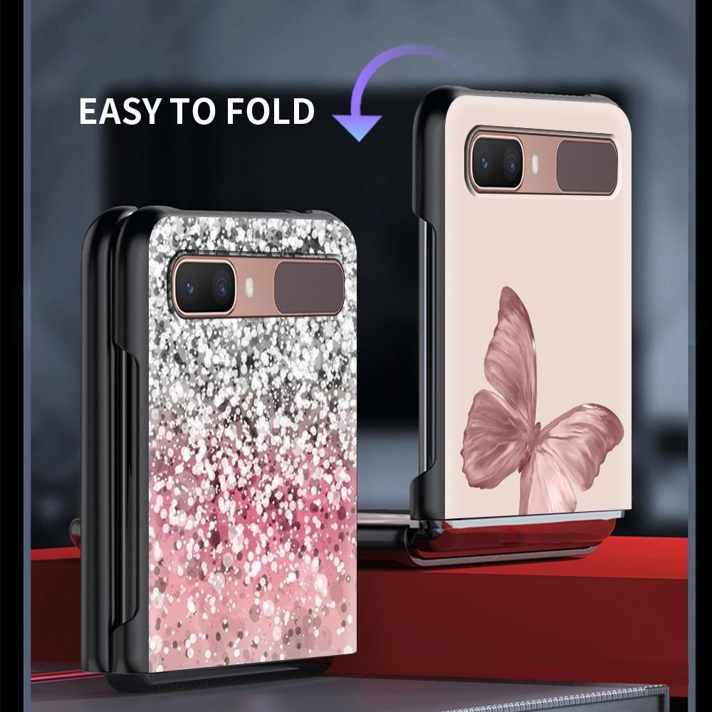 Gold Pink Rose Glitter Hearts Luxury Black Hard Case For Samsung Z Flip Z Flip3 Phone Case For Galaxy Z Flip 5G Foldable Cover