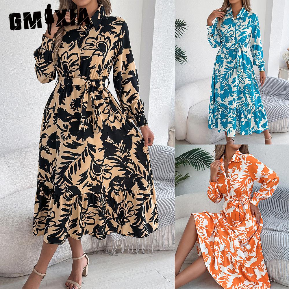 GMXIA Spring Summer Casual Flower-patterned Long-sleeved Shirt Dress Ruffled Long Dress Women's Clothing