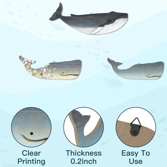 3 Pcs Wood Nautical Wall Decor Rustic Coastal Theme Whale Shark Wall Art Vintage Sea Animal Hanging Ornament for Living Room Bedroom