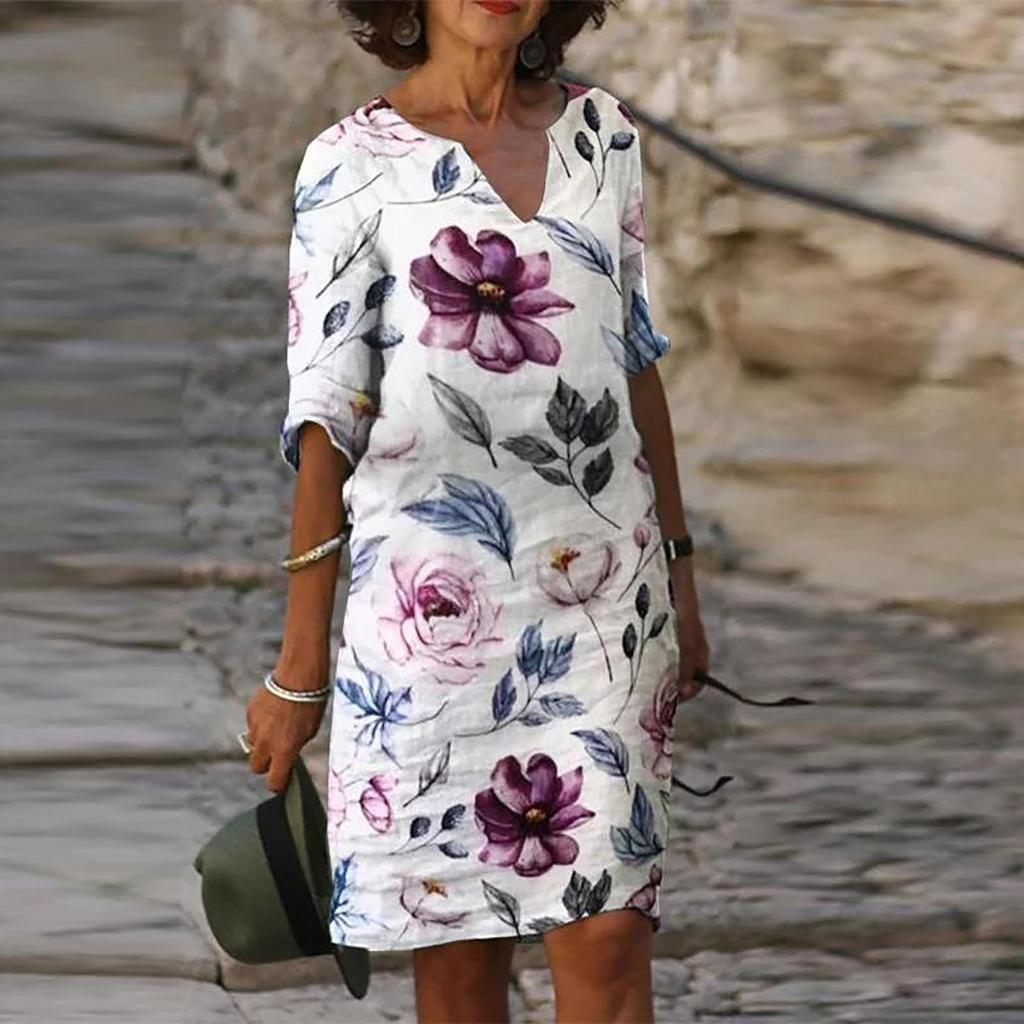 Women Summer V-neck Folk-custom Plus Size Print Loose Mid-sleeve Dress
