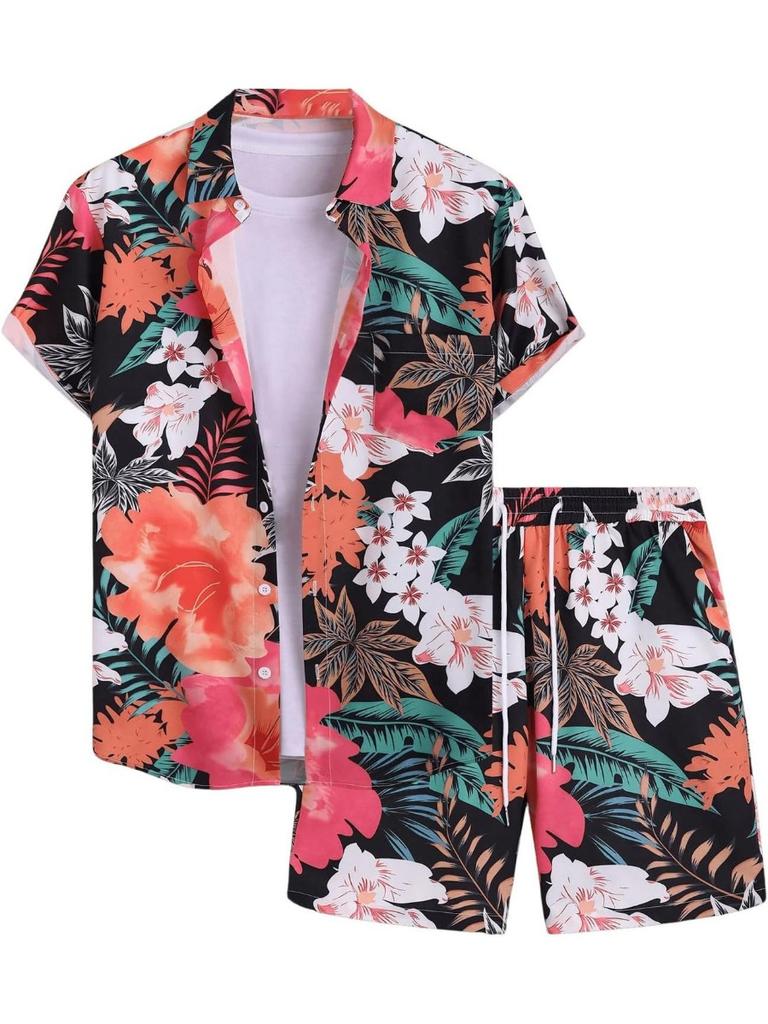 Men's Flamingo Striped Shirt 2-Piece Set Short Sleeve Shorts Lapel Tropical Fashion Hawaiian Casual Holiday Beach Set