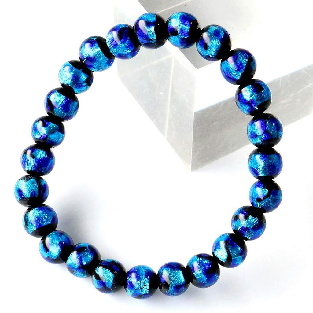 [GOLD STONE] Glowing Firefly Glass Blue 8mm Bracelet with Dragonfly Stone, Blue, Okinawa, Type A, Inner Diameter: Approx. 16.5cm