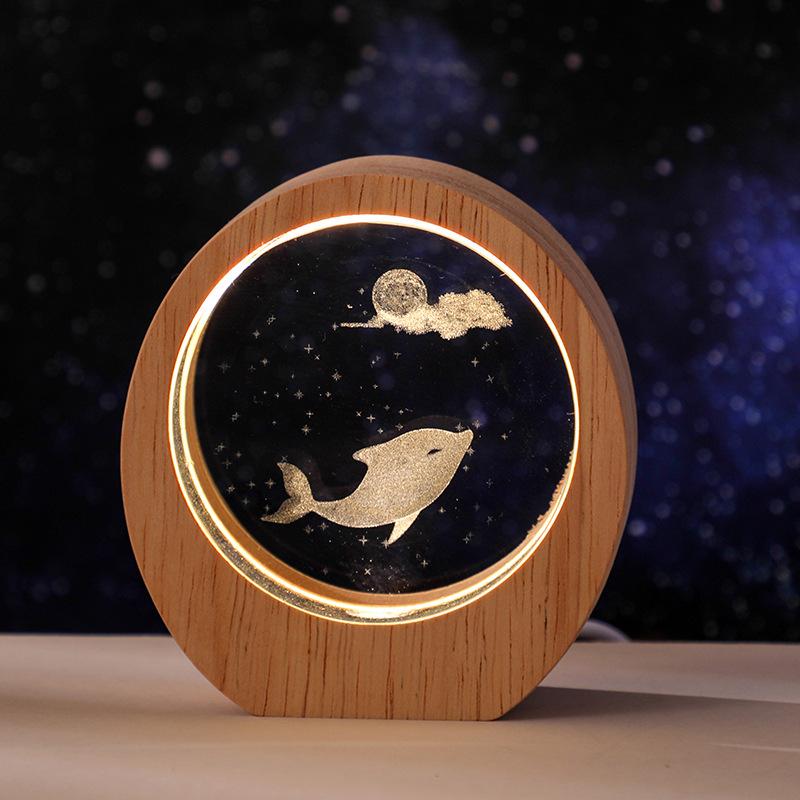 Planet Night Light 3D Inner Engraving Luminous Crystal Desktop Ornament Wooden Base