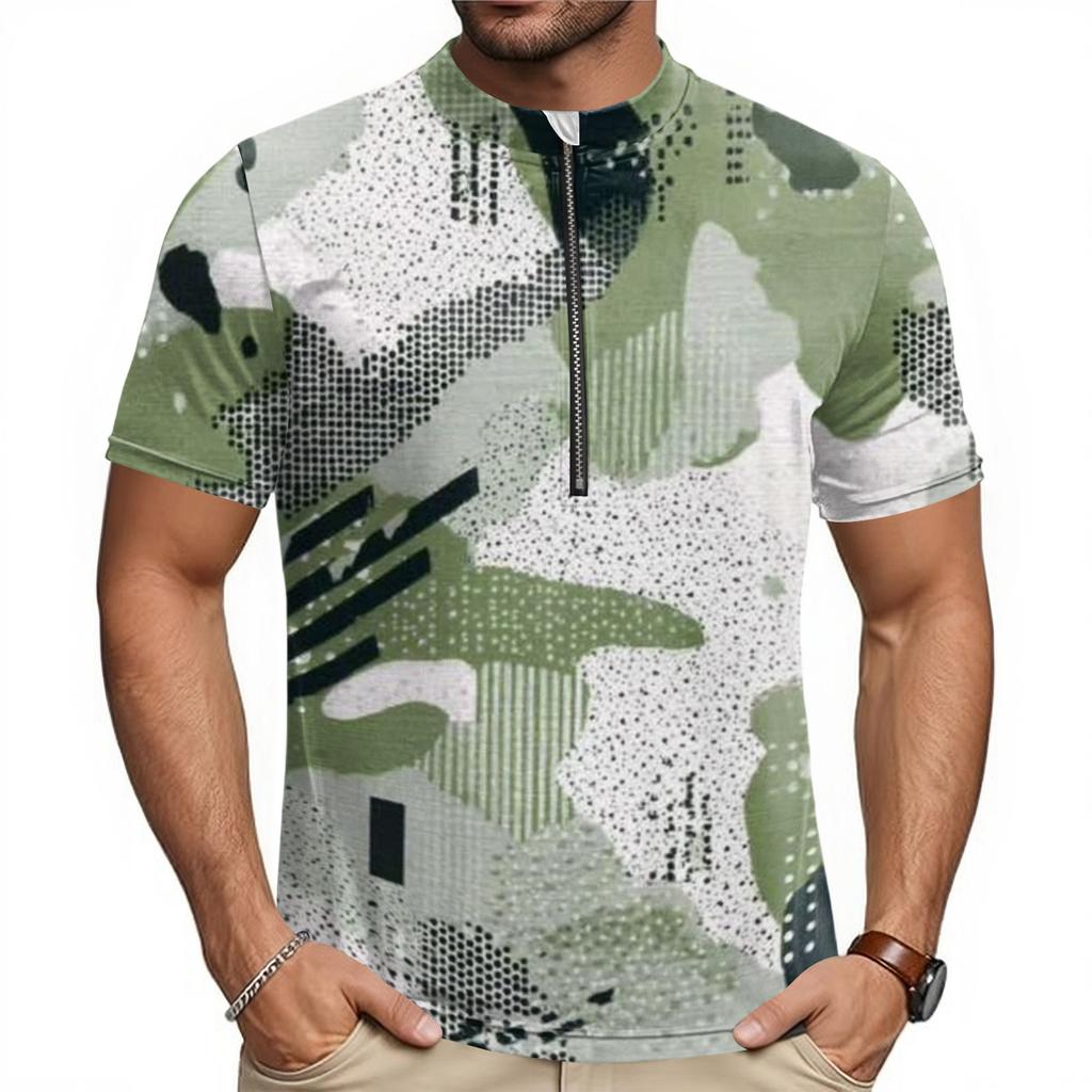 Men's Short Sleeve Cycling Jersey Breathable Quick Dry Half Zip Round Neck Printed Sports Shirt Lightweight Performance Top for Biking