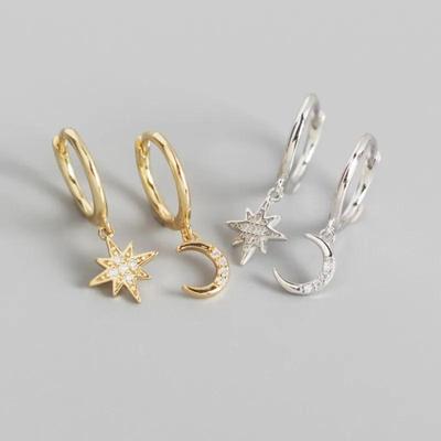 1 Pair of Exquisite Earrings Ins Studded With Diamonds And Stars And Moon Asymmetrical Earrings Versatile Cold Style Earrings For Women