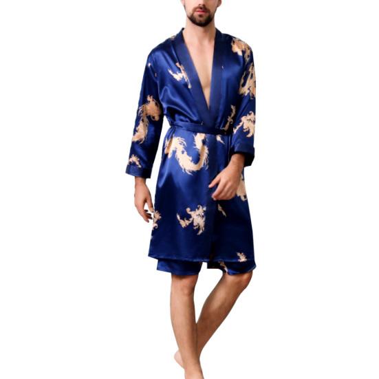 2 bucăți bărbați imitație de mătase cu imprimeu dragon halat de baie pantaloni scurti pijama set de lenjerie de dormit