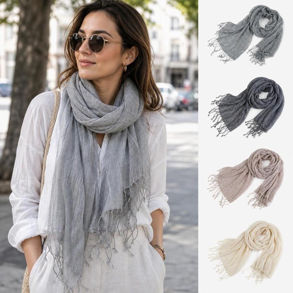 Long Tassel Sun Protection Wrap Solid Color Neck Scarf Casual Pure Linen Scarf Spring Summer