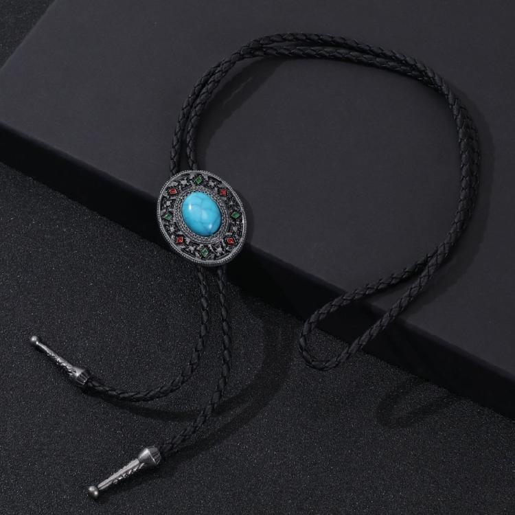 5Pcs Western Cowboy Vintage Flower Stone Pendant Bolo Tie Braided Leather Rope Cord Necktie Necklace Jewelry Neckwear