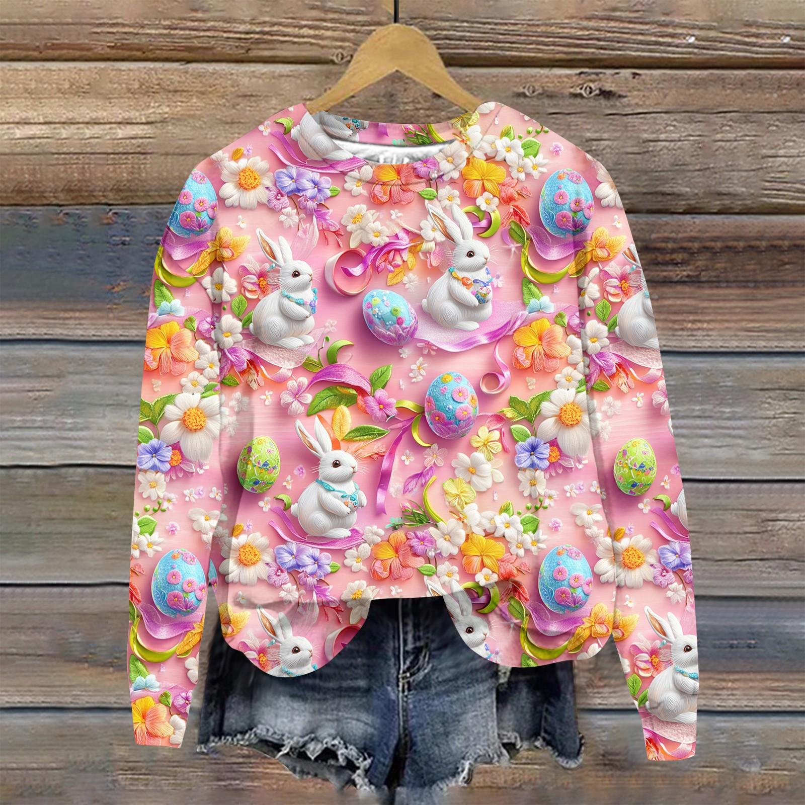 

Женская мода Пасха Печатный Длинный рукав Свободный круглый вырез Толстовка Топ XXXL