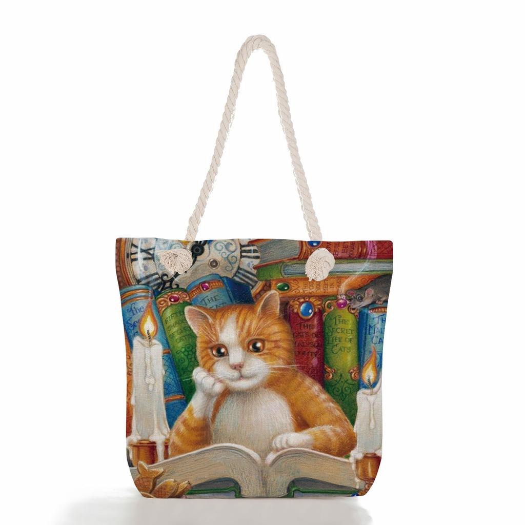 Cute Cat Print Thick Rope Single-shoulder Beach Bag 7211