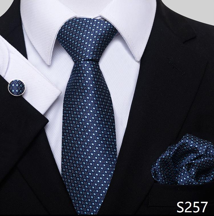 Newest Style Holiday Present Tie Pocket Squares Cufflink Set Necktie Men Dark Blue Wedding Accessories Office Cravat