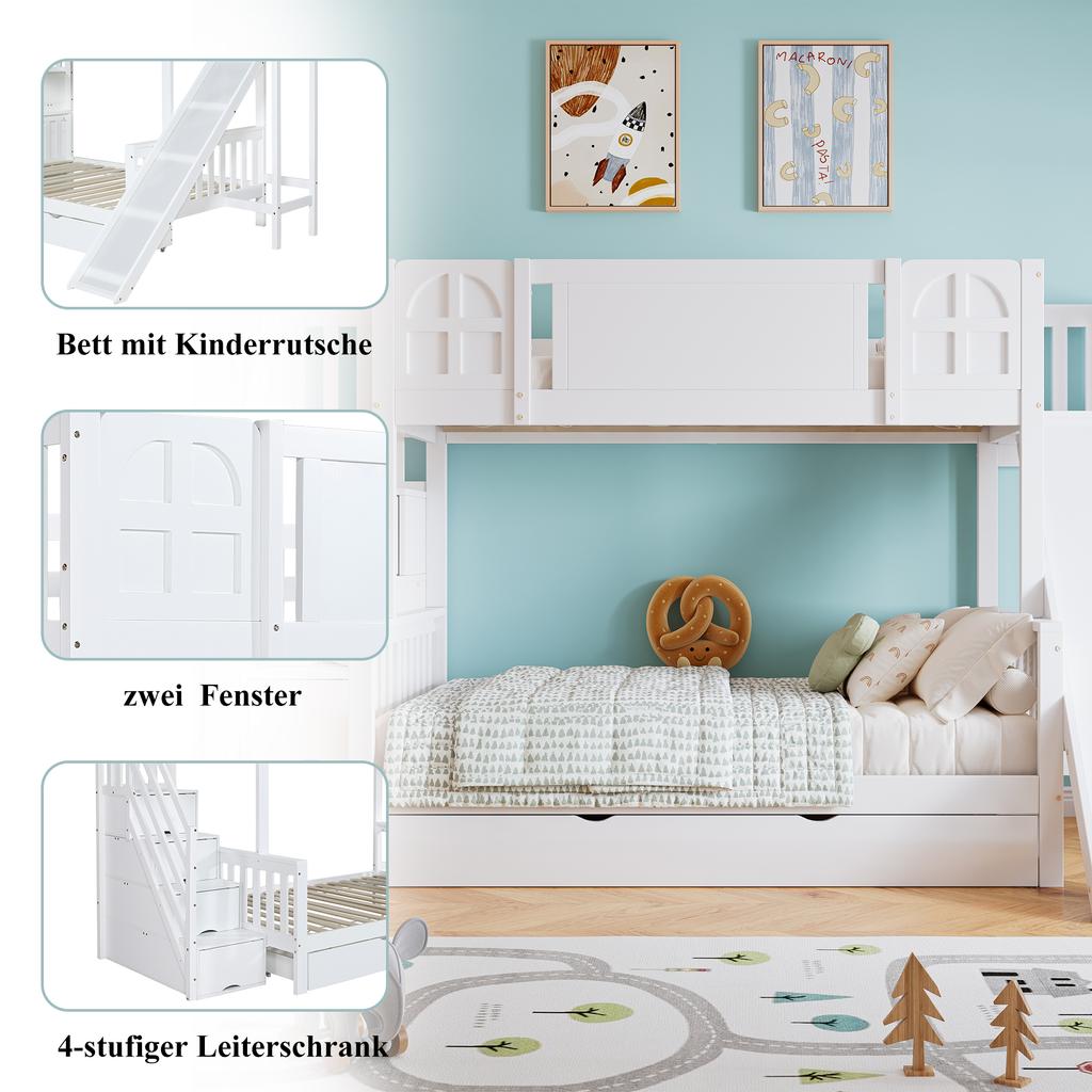 Bunk Bed, Children's Bed With Window, With Kids' Slide, Drawers with Wheels, Stairs with Handrail, With 4 Lockers In Stairs, Pine+MDF, White, 90x200