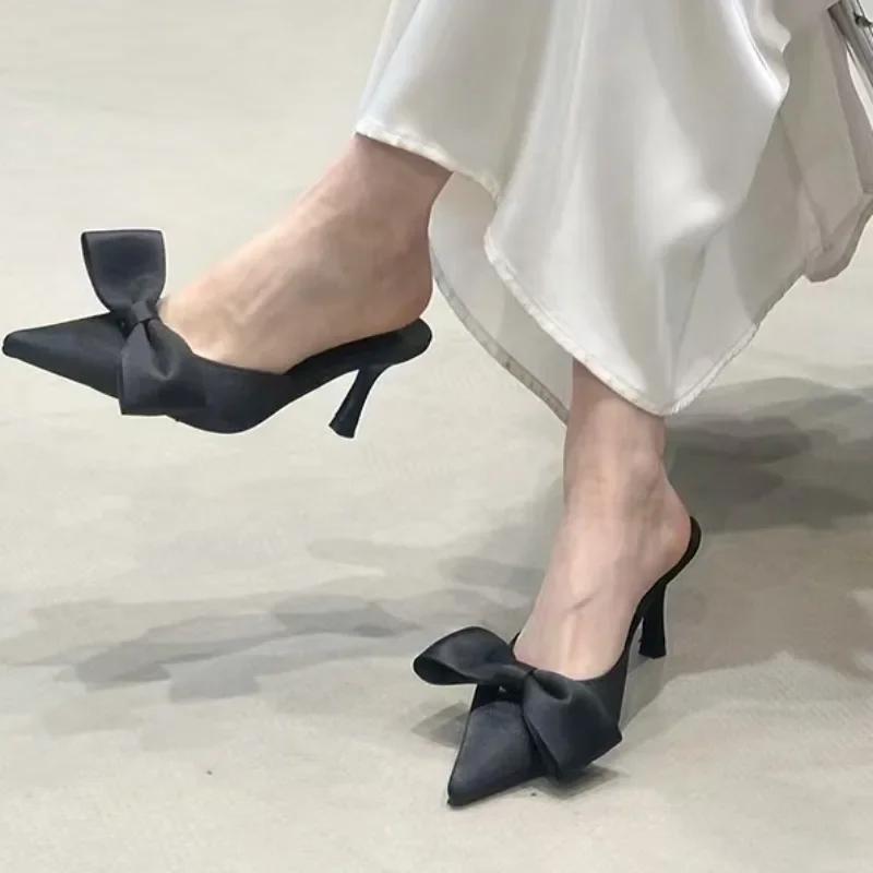 Fashion Summer Women's Slippers Pointed Toe Bow Tie Dress Sandals 2025 New Fashion Closed Toe Thin Heel Elegant Modern Slippers Zapatos