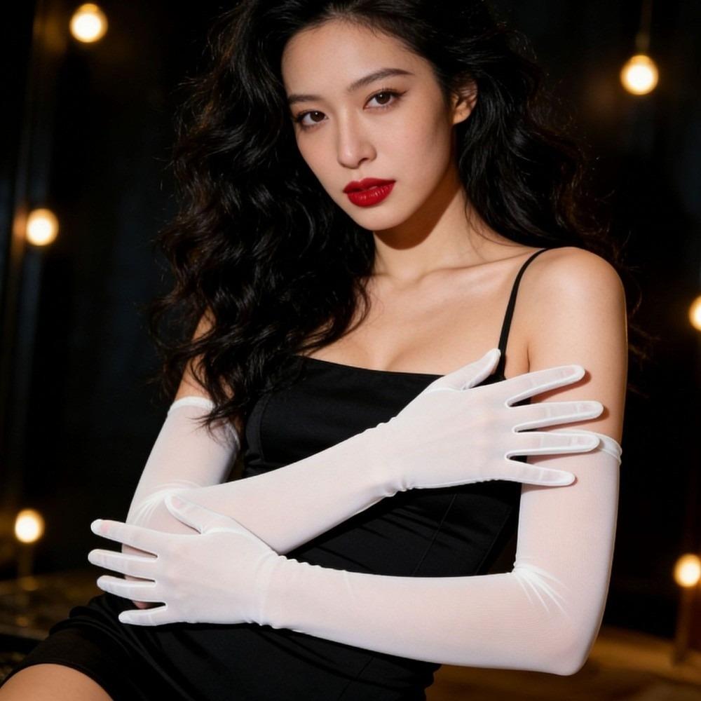 Ultra-thin Transparent Gloves Elbow Mesh Full Finger Gloves Fashion Sunscreen Mittens Bride