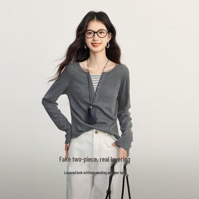 sllsky Women s Striped Faux Two-Piece Knit Long-Sleeve T-Shirt S