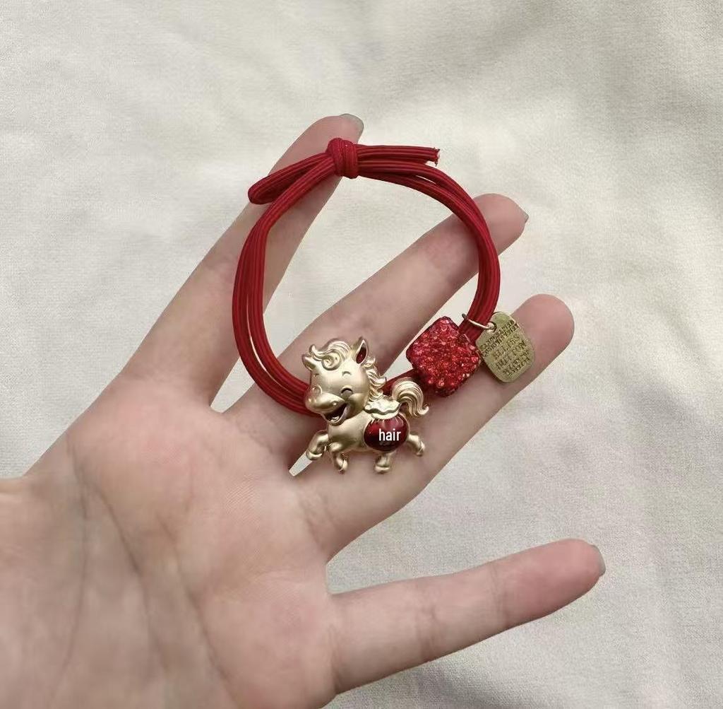 High Elasticity Year of the Horse Red Zodiac Hair Tie for Girls - Festive New Year Hair Accessory