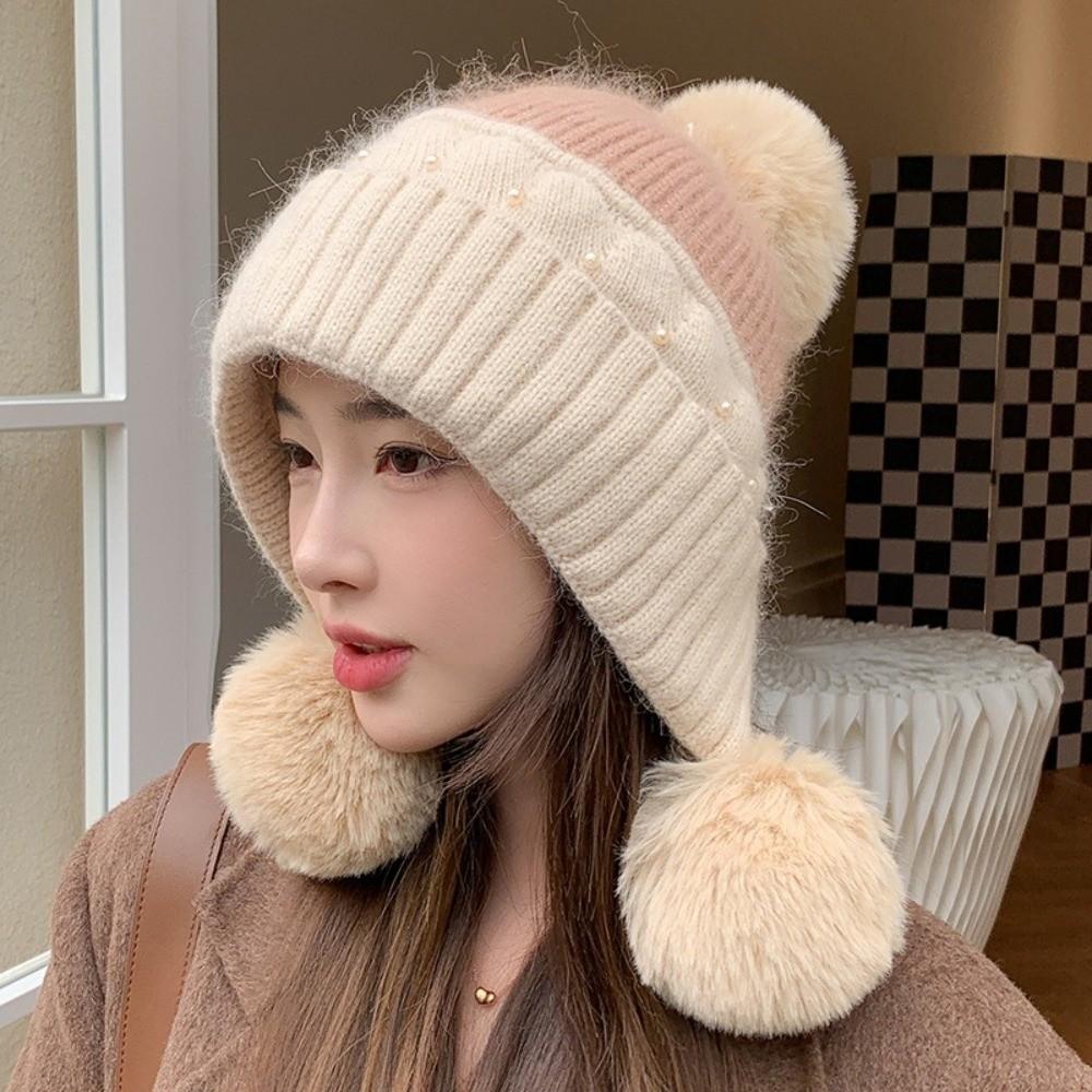 Windproof Plush Beanie Hat Solid Color Ear Protection Hat Fashion Woolen Knitted Cap Girl