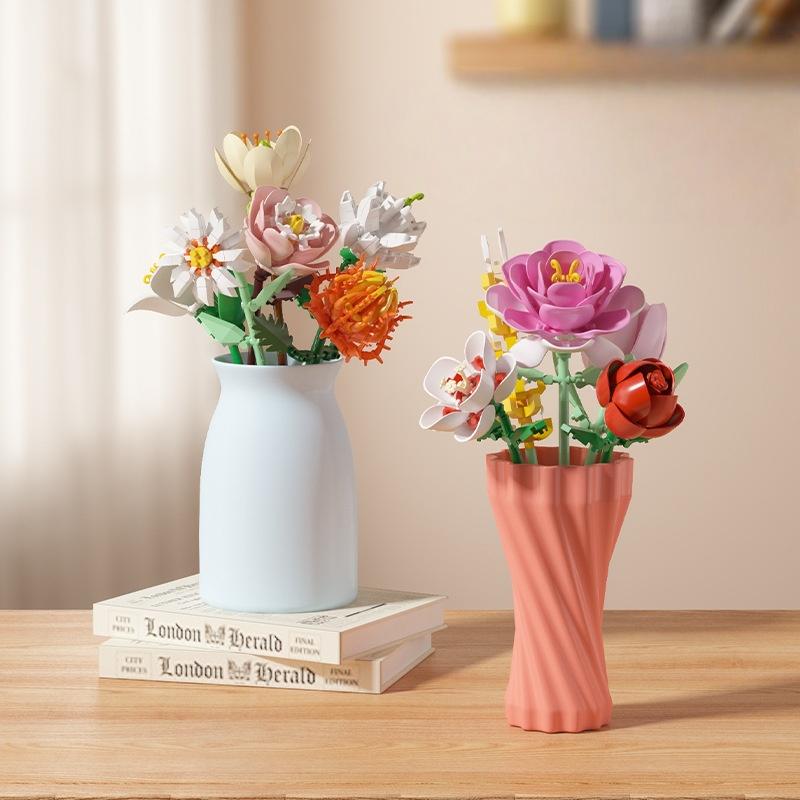 Lowers Bouquet Construction Blocks Set Lily Prickly Daisy Rose Hibiscus Flower Peony Sunflower Tulip Gardenia For Children