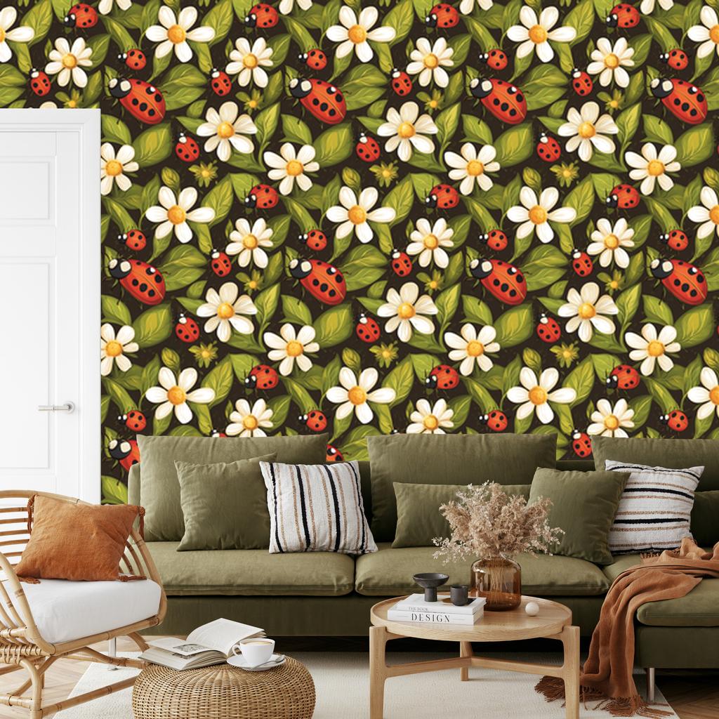 Ladybugs Wallpaper Yellow and Ochre for Living Room and Bedroom 50x1000