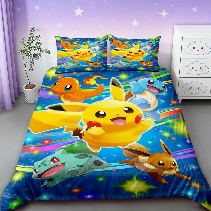 Pikachu Bedding Set Cartoon Anime Children Bedroom Quilt Cover Boy Girl Bedclothes Single Double King Pikachu Duvet Cover Gift