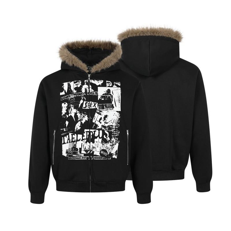 Magic Bear American Retro Street Rock Fleece Hooded Zip Sweatshirt Casual Jacket Teens