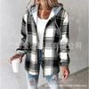 Women's Hooded Long Sleeve Plaid Flannel Shirt Jacket Casual Loose Fit Button Down Coat