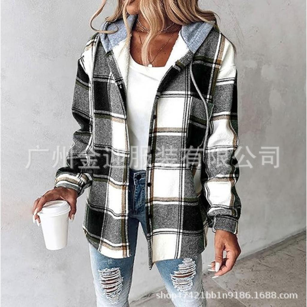 Women's Hooded Long Sleeve Plaid Flannel Shirt Jacket Casual Loose Fit Button Down Coat