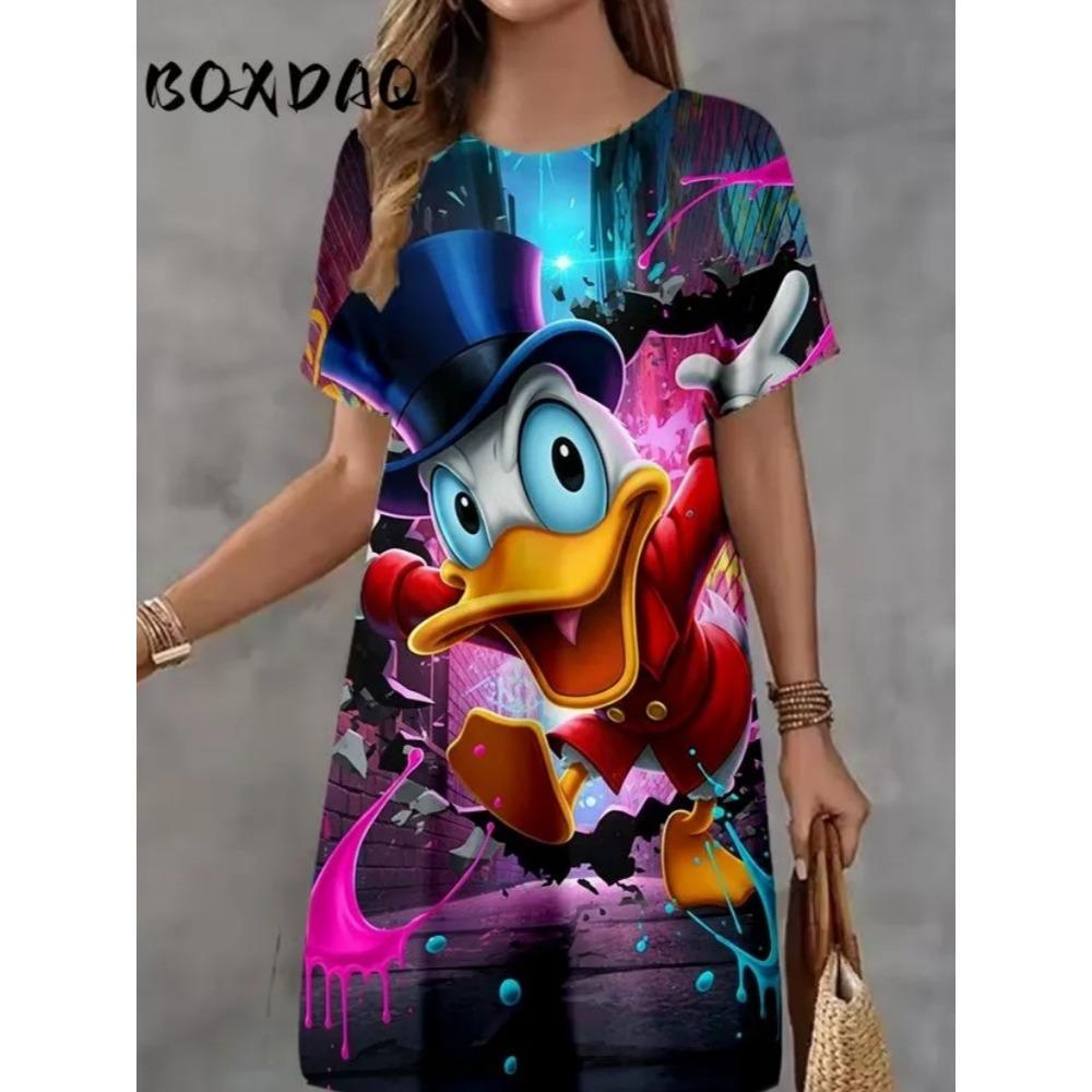 Robe d'été courte à manches courtes imprimée, motif animal créatif et amusant de dessin animé, grande taille, décontractée, confortable, douce pour femme