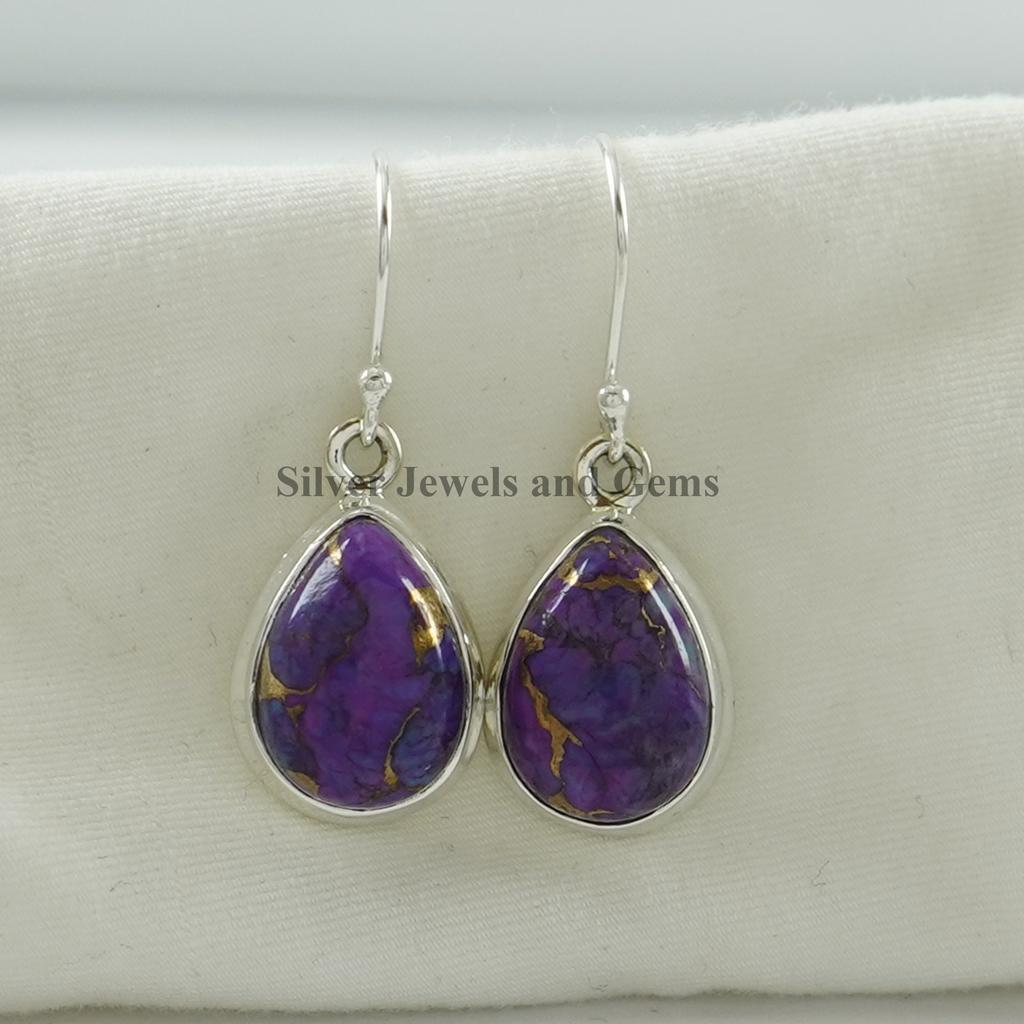 Natural Purple Copper Turquoise Earrings, Handmade Earring, 925 Sterling Silver Teardrop Turquoise Earrings, Anniversary Earrings