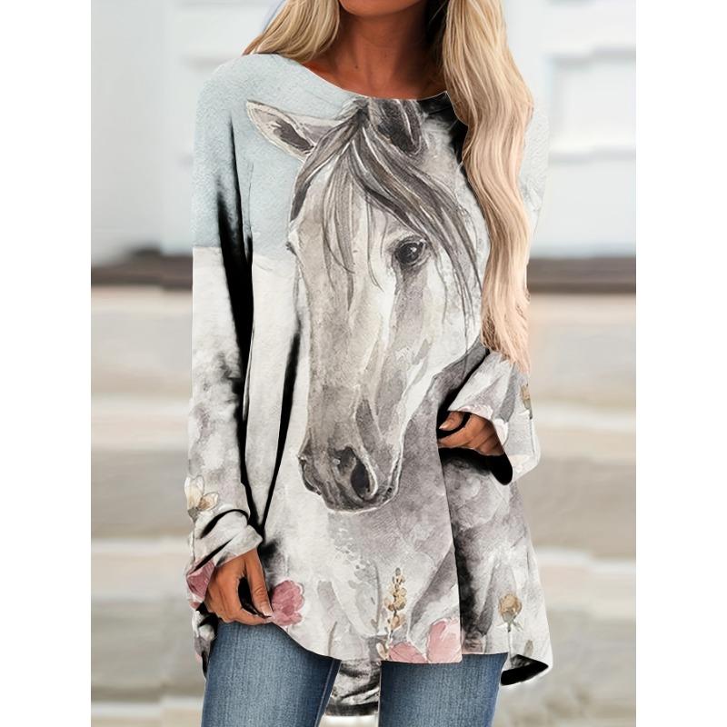 Women's Printed Long-sleeved T-shirt, Suitable for Spring, Autumn and Winter Seasons. Fashionable and Versatile, Machine Washable.
