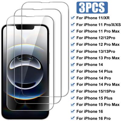 3 STÜCK Gehärtetes Glas für iPhone 16E 16 15 14 13 Pro Max Mini 15 Plus Displayschutzfolie für iPhone 11 12 Pro X Xr Xs Max Glas
