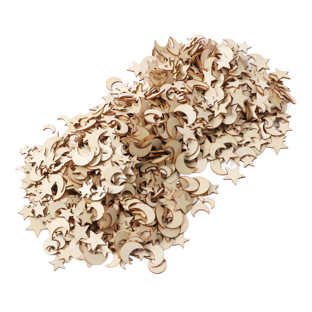 1000Pcs Wood Moon Star Cutout Slices Unfinished Star and Moon Shape Wood Cutouts for DIY Craft