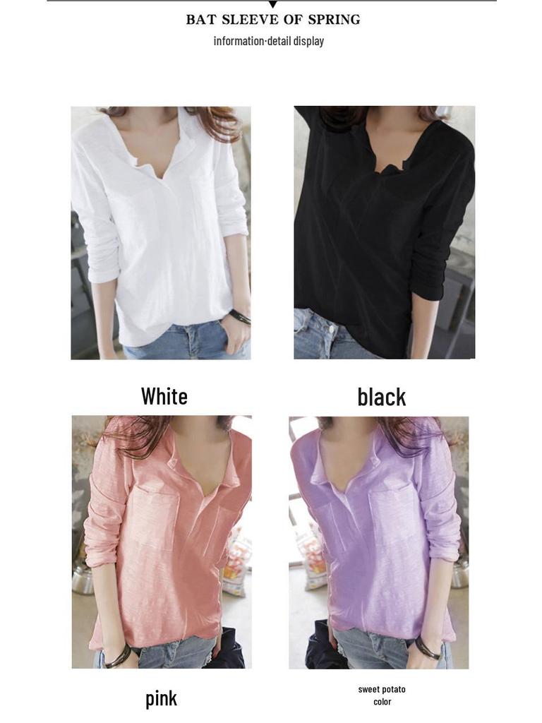 Women's V-Neck Long-Sleeve Bamboo Cotton Pocket Tee - Autumn Collection, Loose Fit, Solid Color