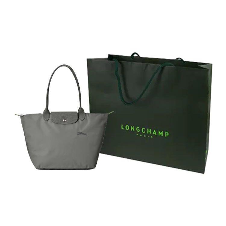 Longchamp Le Pliage Green Logo Borsa a Spalla Pieghevole con Patta e Cerniera in Tela e Pelle Grande da Donna Grafite 1899919P66