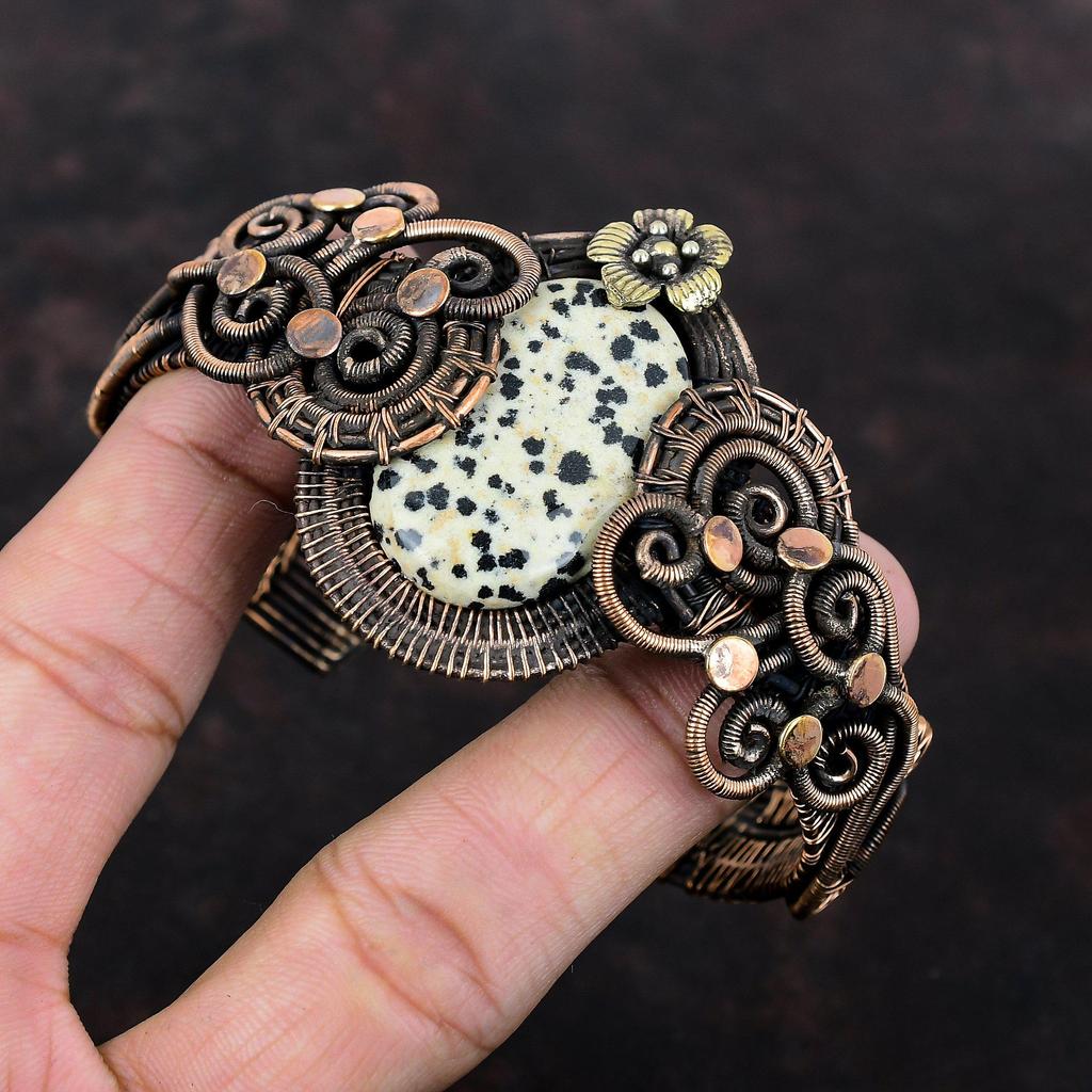 Dalmatian Jasper Gemstone Bangle Copper Wire Wrapped Cuff Bracelet Adjustable Bangle Handmade Copper Jewelry Flower Cuff Bracelet For Gift