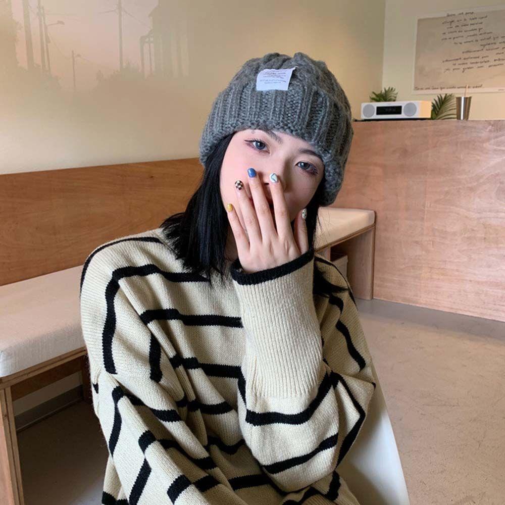 Lovely Stripe Plain Labeling Autumn Letter Knitted Hat Woolen Hat Korean Style Caps Women Beanies