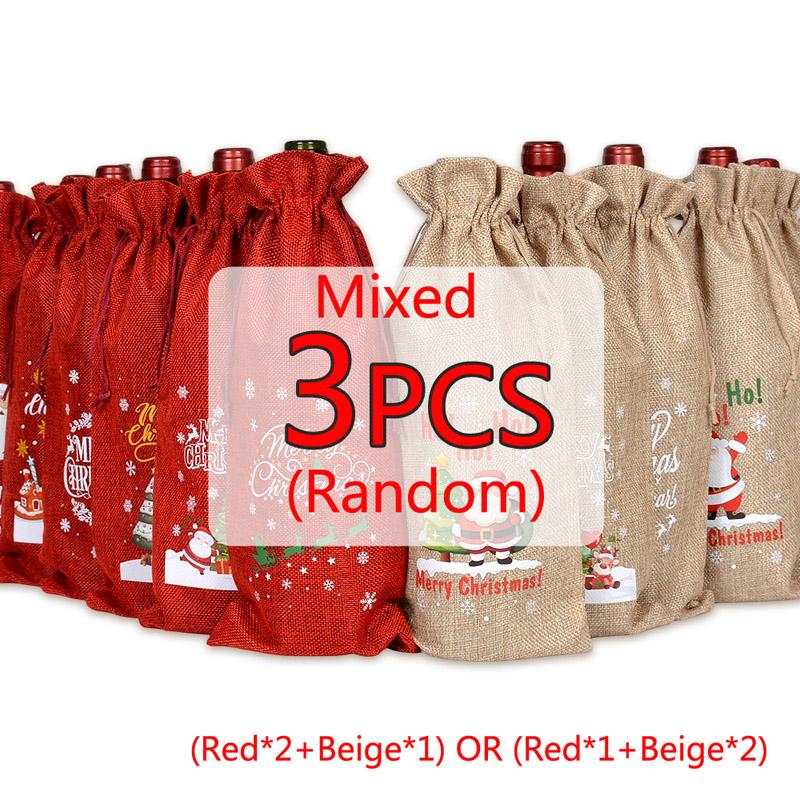 3/6pcs Christmas Wine Bottle Gift Bags Cover with Drawstring Burlap Linen Wine Gift Bags for Xmas Party Decorations