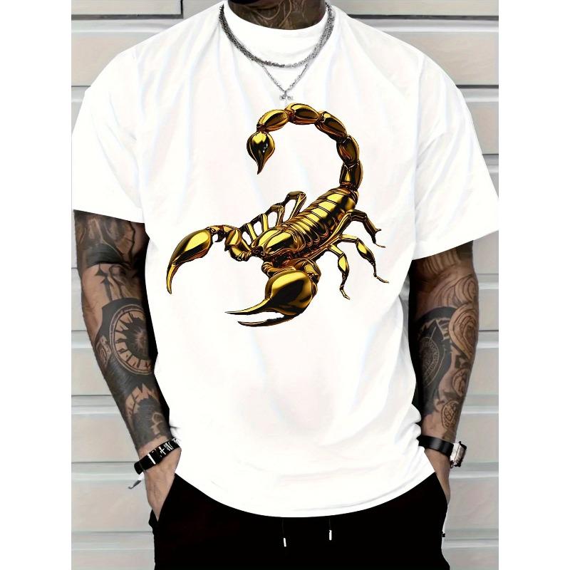 

European sizes White T - Shirt with Gold Shiny Scorpion Graphic, Intricate Metallic Scorpion Design, Comfortable Casual Crew Neck T - shirt 4XL білий
