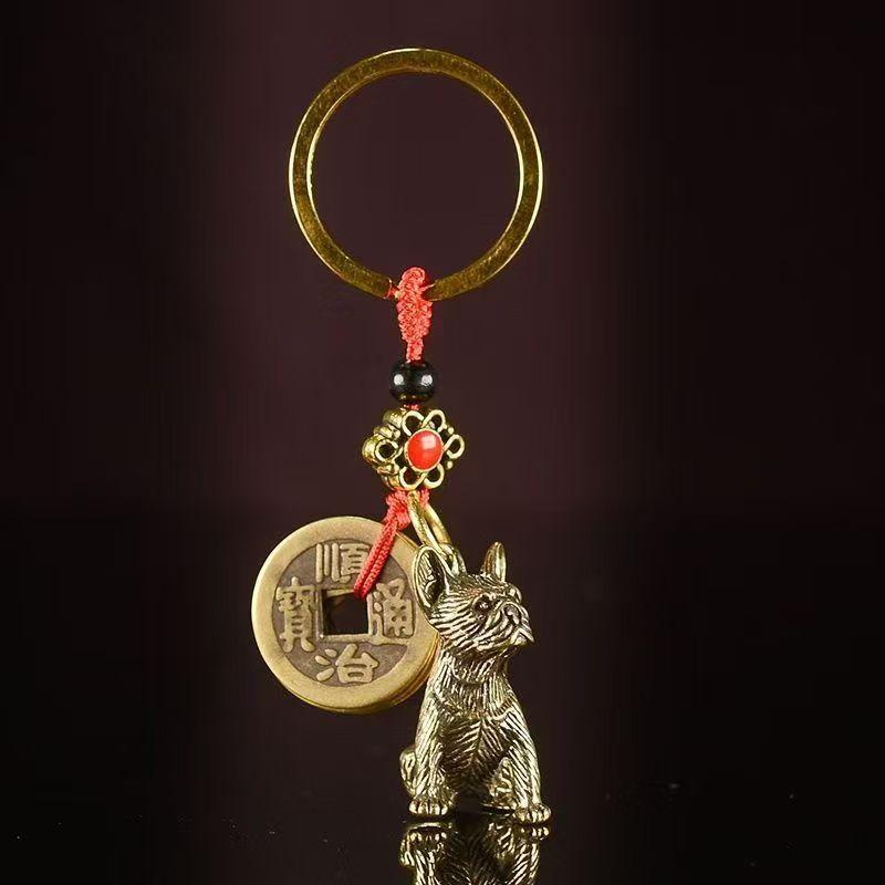 Pure Brass 12 Zodiac Keychain Pendant Five Emperors Money Lucky Key Ring Accessories Creative 3D Birth Year Women Men Bag Pendant New Year's Day Gifts