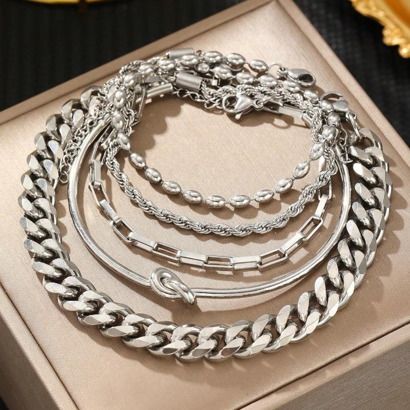 5Pcs/Set Stainless Steel European and American Cross-border Fashion Trend Paperclip Cuban Chain Bracelet Multi-layer Snake Bone Chain Bracelet