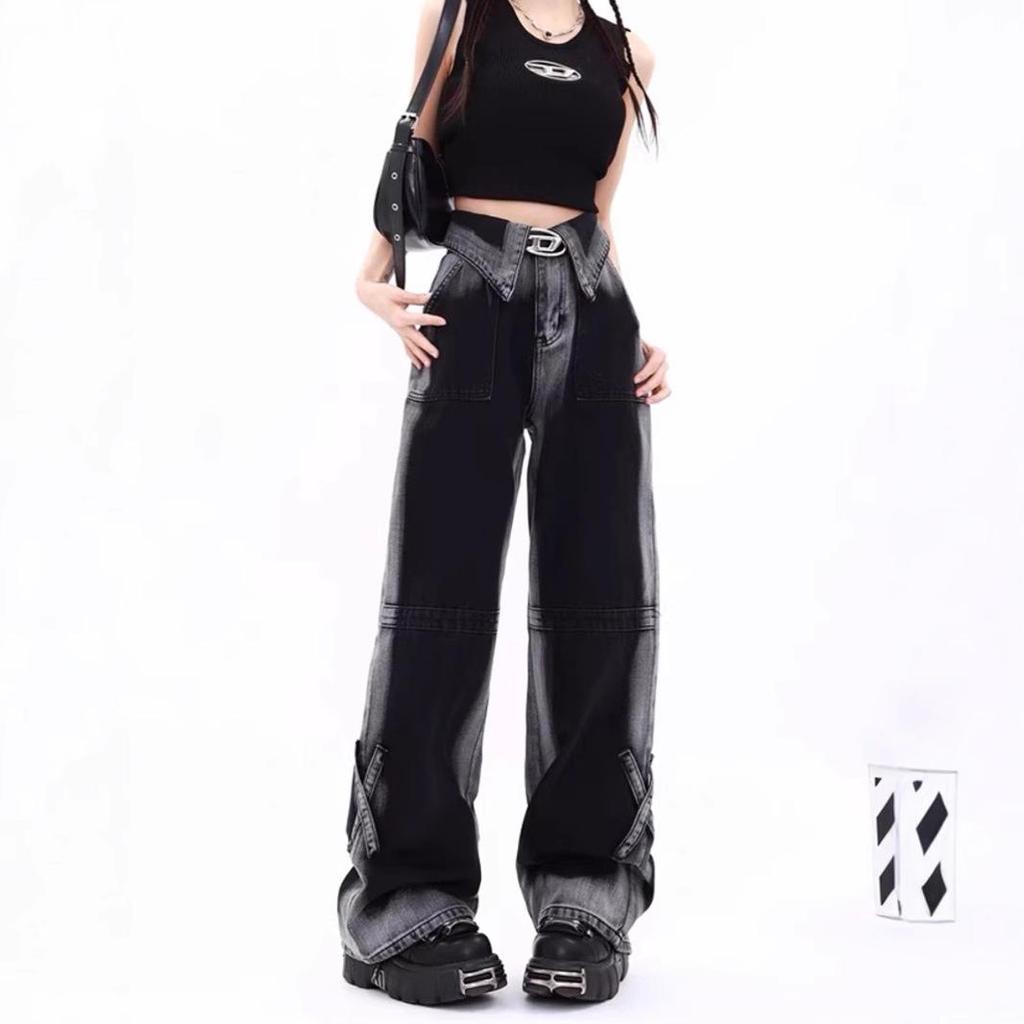 American Retro Gradient High-Waist Wide-Leg Jeans for Women - Plus Size, Floor-Length, Loose Fit, Autumn/Winter/Spring.