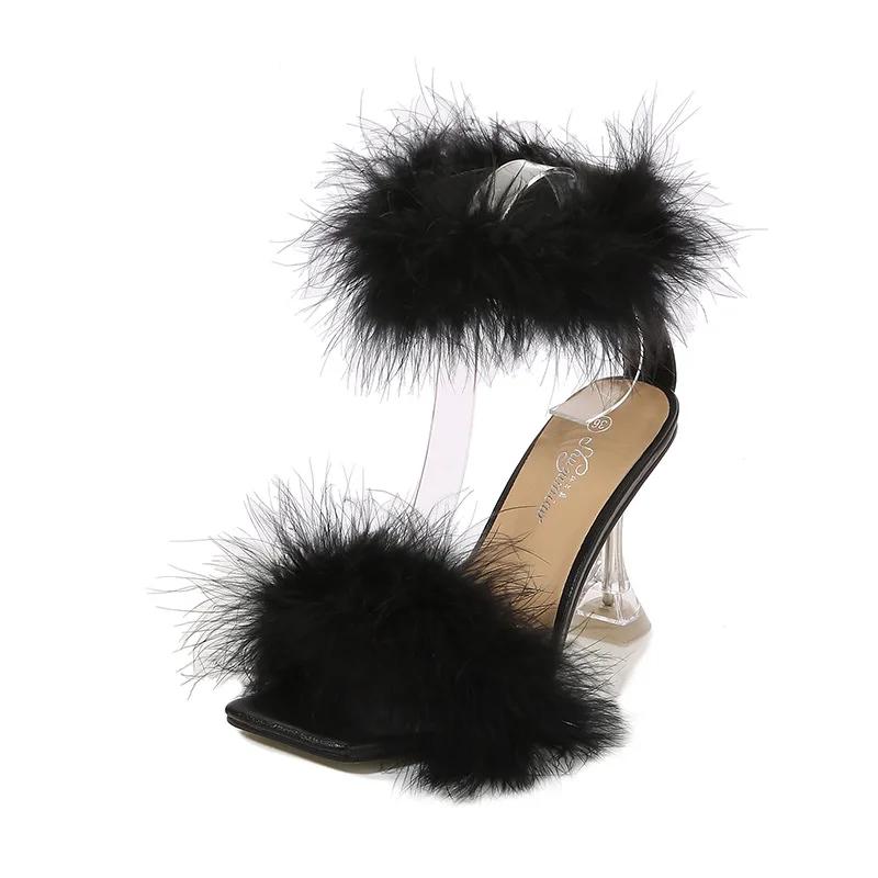 

9cm new wine glass heel stiletto heels square toe with fur stiletto sandals women 35 чёрный