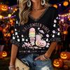Women's V-Neck Three-Quarter Sleeve Halloween Print Blouse for Costume Party Seasonal Wear