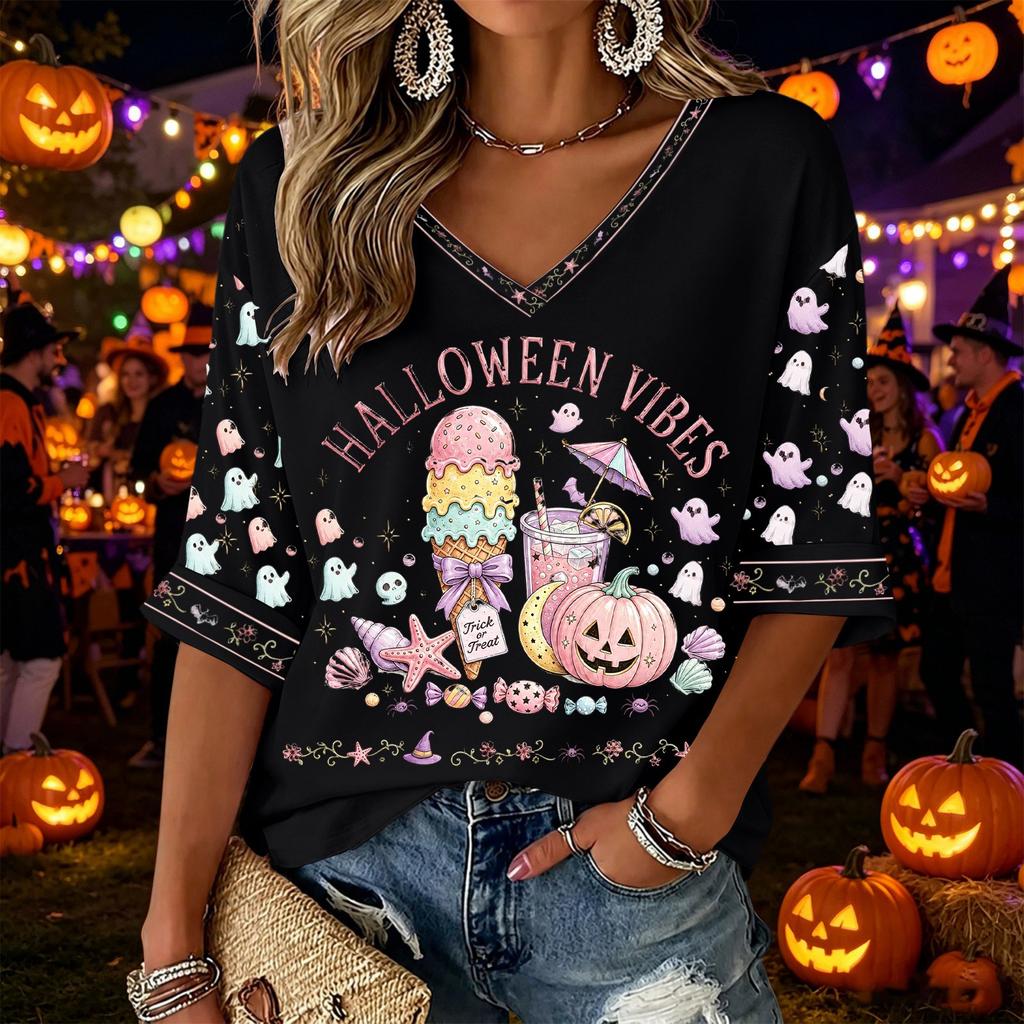 Women's V-Neck Three-Quarter Sleeve Halloween Print Blouse for Costume Party Seasonal Wear